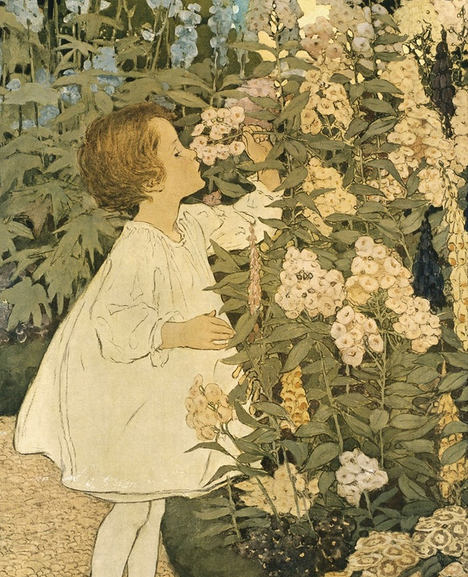 Jessie Wilcox Smith illustration of little girl smelling flowers